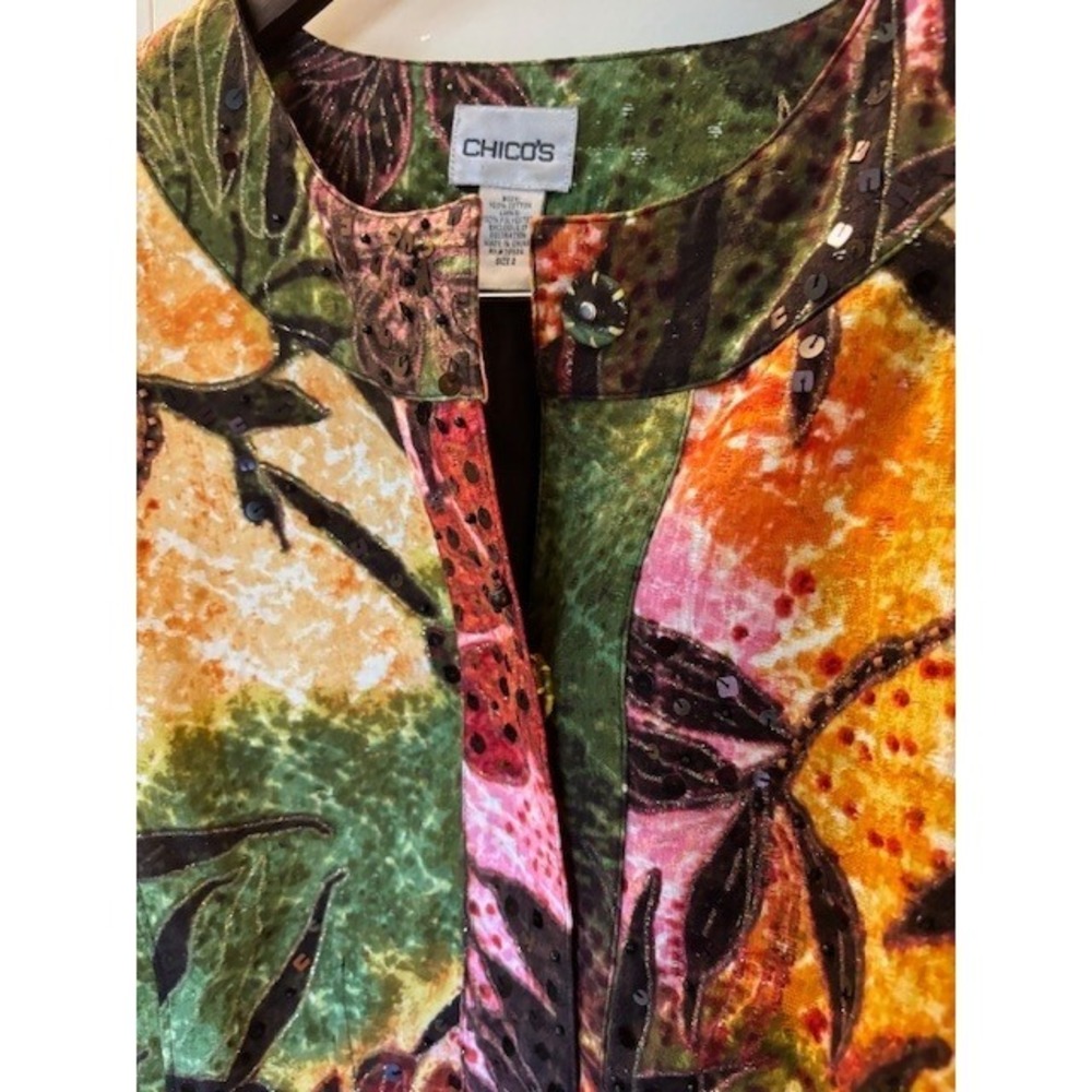 Chico's "Donya" Shimmering Flora Sequin Jacket Green Orange Pink Size 2 - Picture 3 of 11